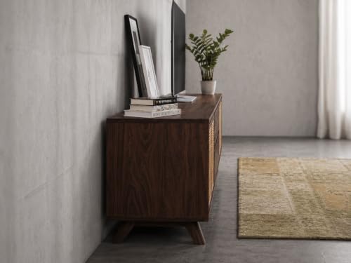 Image of Space Galaxy Solid Sheesham Wood Rattan TV Unit for Living Room | Cane Entertainment TV Stand with 4 Door Cabinet & 2 Drawers Storage |TV Cabinet Furniture for Home Walnut Finish (Size:-80x15x24 inch)