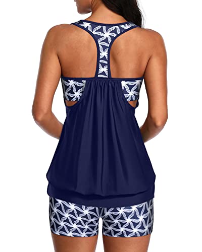 Image of Yonique Two Piece Tankini Bathing Suits T-Back Blouson Swim Tops with Boy Shorts Women Swimsuits Sporty Swimwear Blue Geometric XS