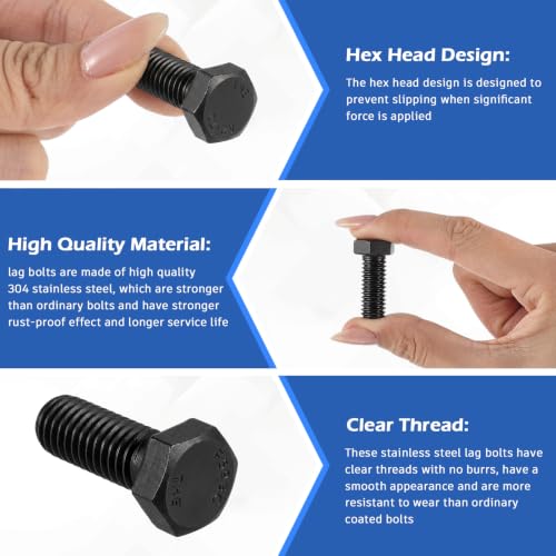 Image of Zonon 50 Pcs 3 /8-16 x 1 Hex Head Screw Bolt 18-8 (304) Stainless Steel Hexagon Bolts, Fully Threaded, Plain Finish, External Hex Drive (Black)