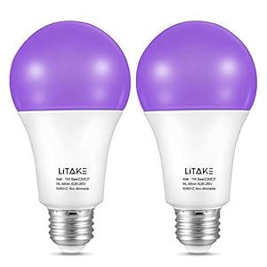 Litake UV Black Light Bulb, 11 W LED UV E27 Light Bulb, Black Light Bulb, 385-400 nm UVA Black Light, UV Lighting, Party Light, Neon Colours for Halloween, Party, Disco, Club, Bar, Body Art, Pack of 2