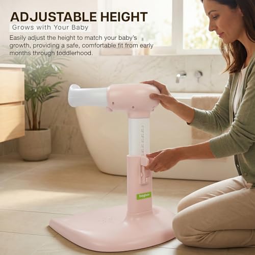 Image of BAYBEE Babyflo Shower Bath Stand for Baby for 0 - 3 Years for Kids | Baby Standing Bath Stand with Adjustable Height & Width | Foldable Kids Bathstand with Shower Holder & Anti-Slip Base (Pink)