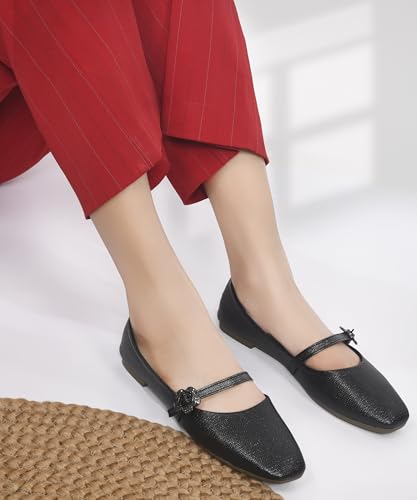 Image of JM LOOKS Elegant Textured Metallic Mary Jane Flats with Floral Buckle Detail and Comfortable Low Profile Sole