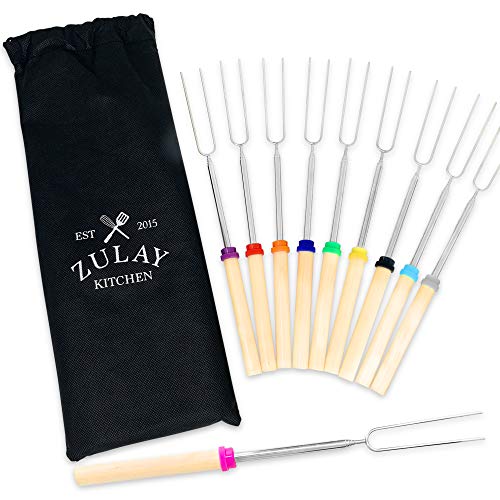 Zulay 10 Pack Long 32 inch Marshmallow Roasting Sticks Extendable Design - Stainless Steel Smores Skewers for Camping Bonfire Fireplace - Extendable Retractible Telescoping Marshmallow Sticks