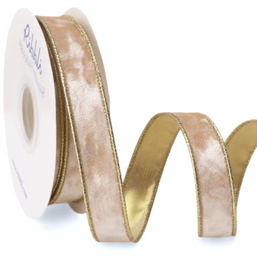 Image of Ribbli Champagne Crushed Velvet Wired Ribbon 1 inch x 10 Yds Continuous