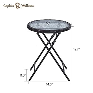 Sophia william patio folding side table round outdoor end table small portable bistro coffee table with tempered glass top with rattan edge and metal frame for outdoor and indoor  urban country home decor