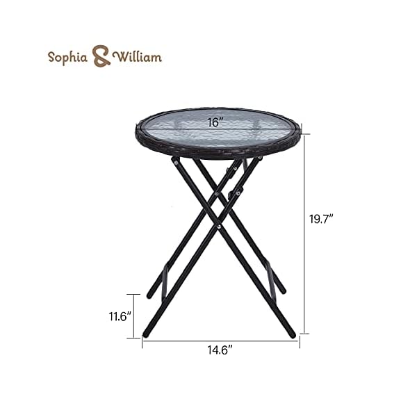Sophia william patio folding side table round outdoor end table small portable bistro coffee table with tempered glass top with rattan edge and metal frame for outdoor and indoor  urban country home decor