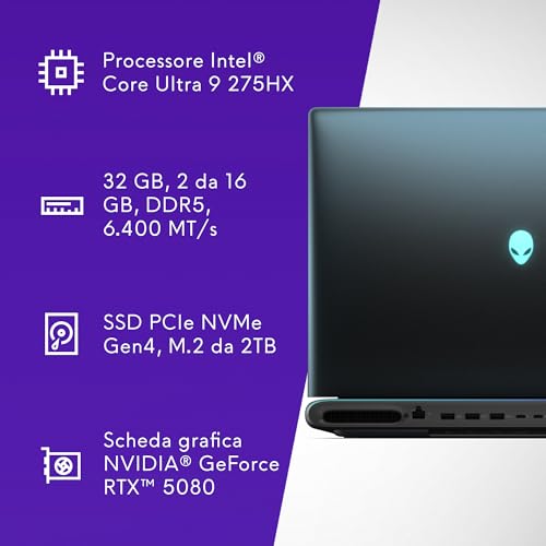 18 Area-51 Laptop Gaming 18" WQXGA 300Hz G-Sync, Intel Core Ultra 9 275HX Series 2, Nvidia GeForce RTX 5080, 32GB DDR5 RAM, 2TB SSD, Windows 11 Home, Cryo-tech, AlienFX RGB QWERTY - Notebook - Immagine 10