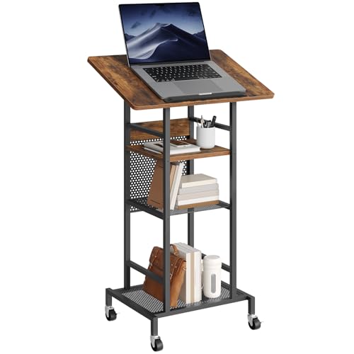 MAHANCRIS Podium Stand with Locking Wheels 4-Tier Mobile Lectern with Storage Shelves and Non-Slip Lip for Classroom Church Conference Standing Desk Rustic Brown and Black LPHR6001