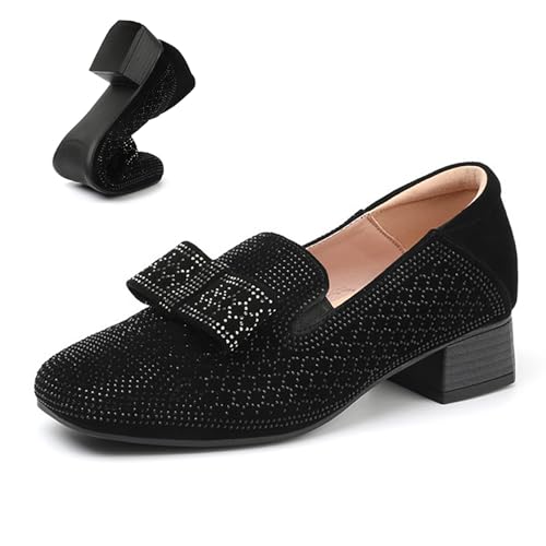 Women's Suede Rhinestone Square Toe Mid Chunky Heel Walking Loafers Casual Slip-On Bow Comfortable Low Block Heel Dress Pumps for Business Office Work Party
