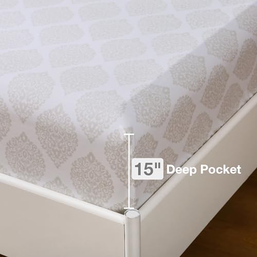 Image of lasoftan Floral King Comforter Set with Sheets, 7 Piece Luxury Vintage Bedding, Soft Microfiber Bed in a Bag, Cozy Lightweight Bed Set, Light Gold Leaf Flower