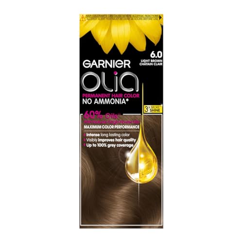 Garnier Permanent Hair Dye Intense Long-lasting Colour Up to 100% Grey Hair Coverage No Ammonia 60% Oils Olia 6.0 Light brown