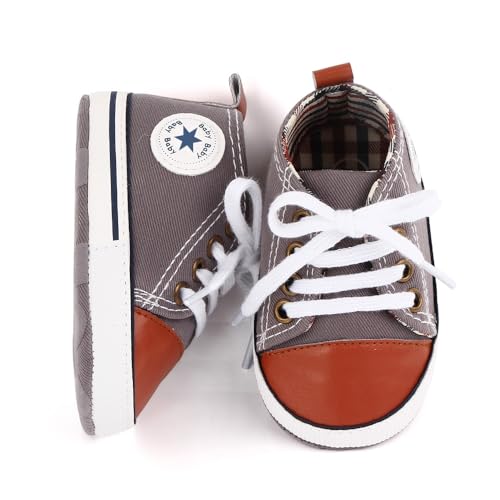 Image of Unisex Baby Boys Girls Shoes, Newborn Infant Non-Slip Canvas Denim High Top Sneakers, Toddler First Walkers Shoes