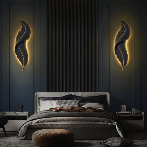 Image of Groeien 12W | 3 Color Modern LED Black Feather Wall Sconce Gold Wall Light for Bedroom Living Room Corridor Lighting Fixtures Wall Mount(Warm+Natural+Coolwhite)(Feather-Black, 1)