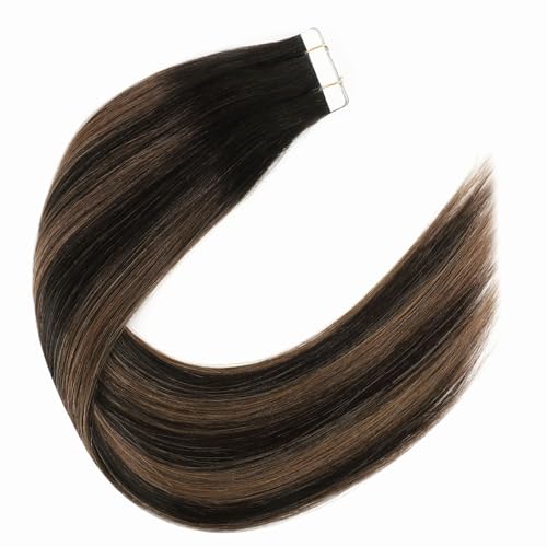 Image of Sixstarhair Brown Tape In Hair Extensions Human Hair Chocolate Brown Highlighted Caramel Blonde Tape In Extensions Brown Balayage Tape Hair Extensions Human Hair 50g 20pcs [P2 /6 /2 20inch]
