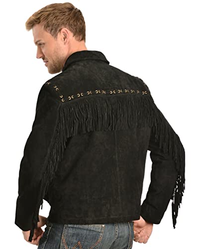 Men's Western Cowboy Leather Jacket Suede and Fringe Zipper Closure -Black (Small) (RP-786)2