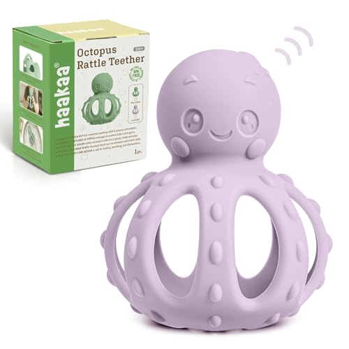 Image of haakaa Octopus Rattle Teether,2-in-1 Baby Teething Toy with Gentle Rattle,Soft Textured Teether for Sore Gums,Easy to Grasp Sensory Toy for Babies 3M+,Lavender