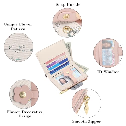 Image of GAEKEAO Small Wallets for Women RFID Blocking Bifold Floral Vegan Leather Wallet Card Holder with ID Window & Zipper Pocket