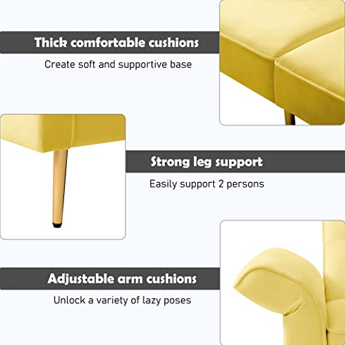 Lepfun Velvet Futon Sofa Bed, Memory Foam Couch Set, Upholstered Modern Daybed Convertible Folding Loveseat Recliner With Pillows And Wooden Frame For Compact Living Room,Apartment,Dorm,Office(Yellow) #TOP5