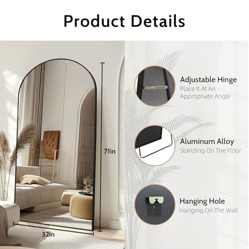 Beauty4U 71\" x 32\" Arch Full Length Mirror Black, Free Standing Leaning Mirror Hanging Mounted Mirror, Metal Frame Full-Length Tempered Mirror for Living Room, Bedroom - Thumbnail 2
