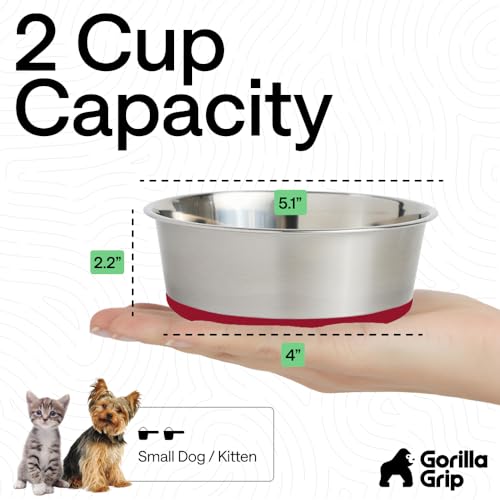 Image of GORILLA GRIP Dog Bowls, Food Grade 304 Stainless Steel, Holds 2 Cups Each (16 fl oz) Food and Water Bowl for Feeding Dogs and Cats, Dishwasher Safe, Rust Resistant, BPA Free Rubber Base Set of 2 Red