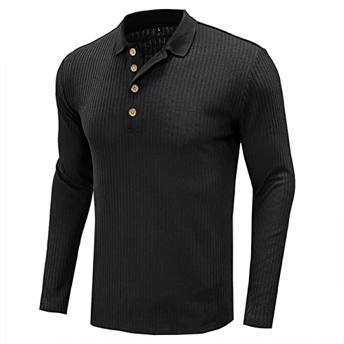 NJNJGO Camiseta polo masculina com nervuras e stretch slim fit manga comprida para treino, Preto, M