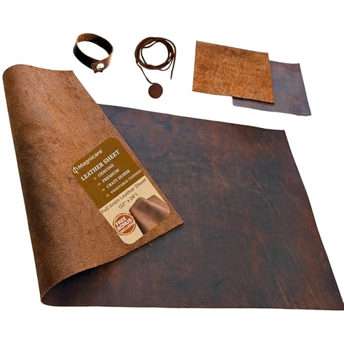 Image of Genuine Full Grain Leather Sheet for Crafting 12x24 – Vegetable Tanned Crazy Horse Cowhide – Thick Tooling Leather Sheets for Crafts - 2 Practice Pieces, Cord & Bracelet Included- Brown