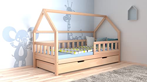 Bett Buche Hausbett Schublade Natur Zaun Holz Haus Hausbett 140x200 cm,...