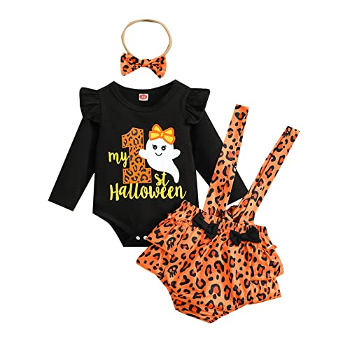 Image of Baby Girl Halloween Costumes: Newborn My 1st Halloween Outfits Infant Fall Clothes Top Romper Suspenders Overalls Shorts Headband Toddler Fall Themed First Birthday Cosplay Black Ghost 0-3 Months