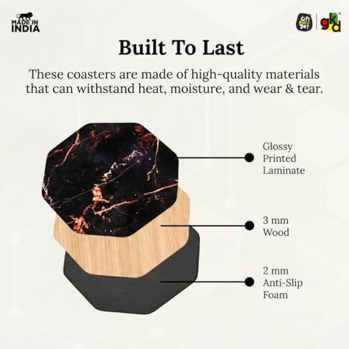 Image of GKD Wooden Coasters Set of 4 | Marble Design Glossy MDF Drink Coasters 3.5 Inch | Heat Resistant Tea Coffee Cup Holder | Table Protection for Home, Office & Dining | Made in India