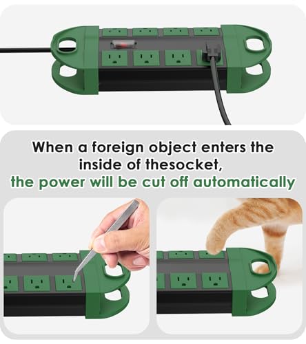 Image of CCCEI 2 Outdoor Power Strips Weatherproof with 8 Plug, Waterproof Extension Cord with Multiple Outlets, Christmas Exterior Garden Yard Surge Protector 15FT, Green.