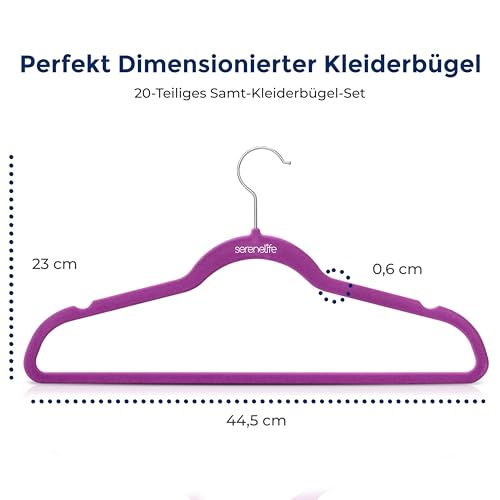SereneLife Kleiderbügel Samt, Kleiderhaken 20er Set, Bügel Rutschfest und Platzsparend, Clothes Hangers mit Einkerbungen im Schulterbereich für Anzüge, Hemden und Krawatten, Leicht & Funktionell, Lila