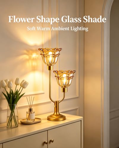 Image of Lightdot Mid Century Modern Flower Gold Table Lamp Vintage Gift Dimmable | Nightstand Lamp Amber Glass Desk Lamp 2 Bulbs Included Warmwhite Ambient Bedside Lamp for Living Room Bedroom Home Decor Gift
