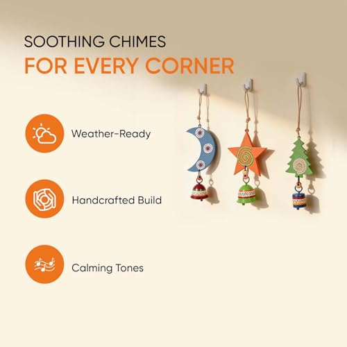 Image of Aakriti Art Creations Festive Trio Wind Chime Set Moon, Star & Tree | Handmade Modern Art Wooden & Metal Wind Chimes | Decorative Indoor & Outdoor Hanging for Balcony, Garden, Living Room & Gifting