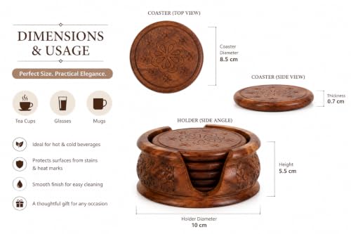 Image of Beautifully Handcrafted Wooden Coaster Set with Decorative Holder | Drink Coasters for Tea, Coffee Mugs & Bar Glasses | Authentic Indian Handicraft
