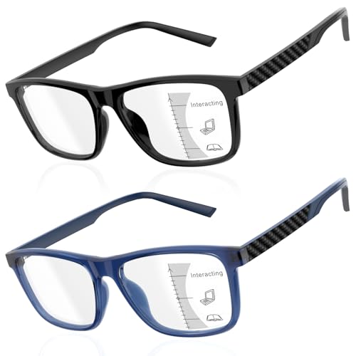 Epavouos 2 Pack Progressive Multifocus Reading Glasses Men TR90 Frame Lightweight Trifocal Transition Computer Readers Near Workspace Anti Blue Light Black & Blue 1.50