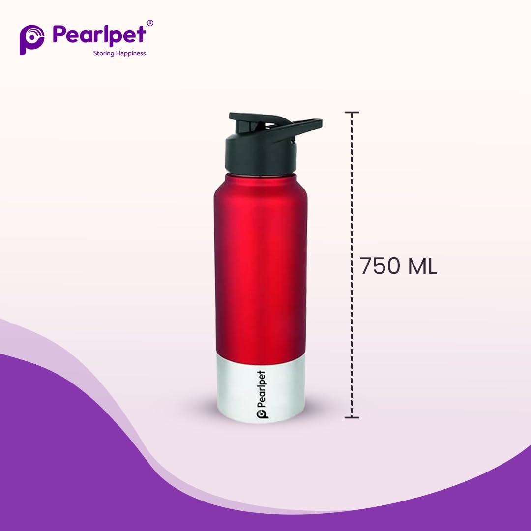 PEARLPET Sportskool Round Stainless Steel Single Wall Water Bottle 750ml | Leakproof, Durable, Reusable | For Gym, School, Office, Fridge Use | Pack of 1 (Red) 3