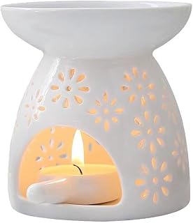 ZEEWIZZ !BIG SIZE! 9.8 x 9.8 x 11.5 cms Wax Melt Essential Oil Burner White - Star Pattern, Ceramic Aroma Burners Assorted Wax Warmer Aromatherapy Tarts Holder Candle Scented Diffuser Home Bedroom