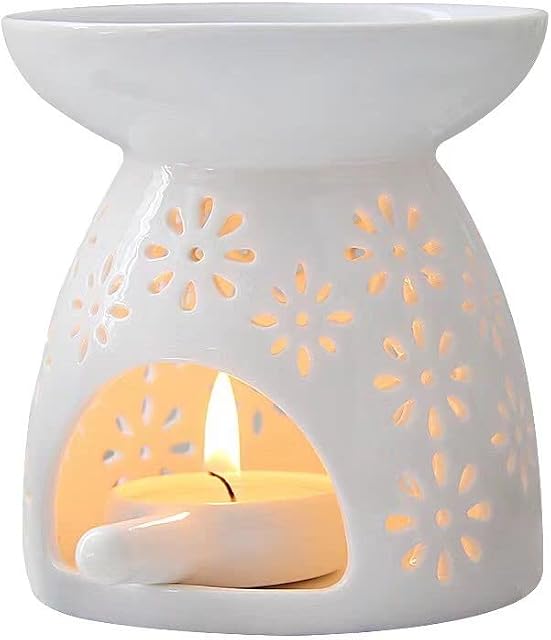 ZEEWIZZ !BIG SIZE! 9.8 x 9.8 x 11.5 cms Wax Melt Essential Oil Burner White - Star Pattern, Ceramic Aroma Burners Assorted Wax Warmer Aromatherapy Tarts Holder Candle Scented Diffuser Home Bedroom