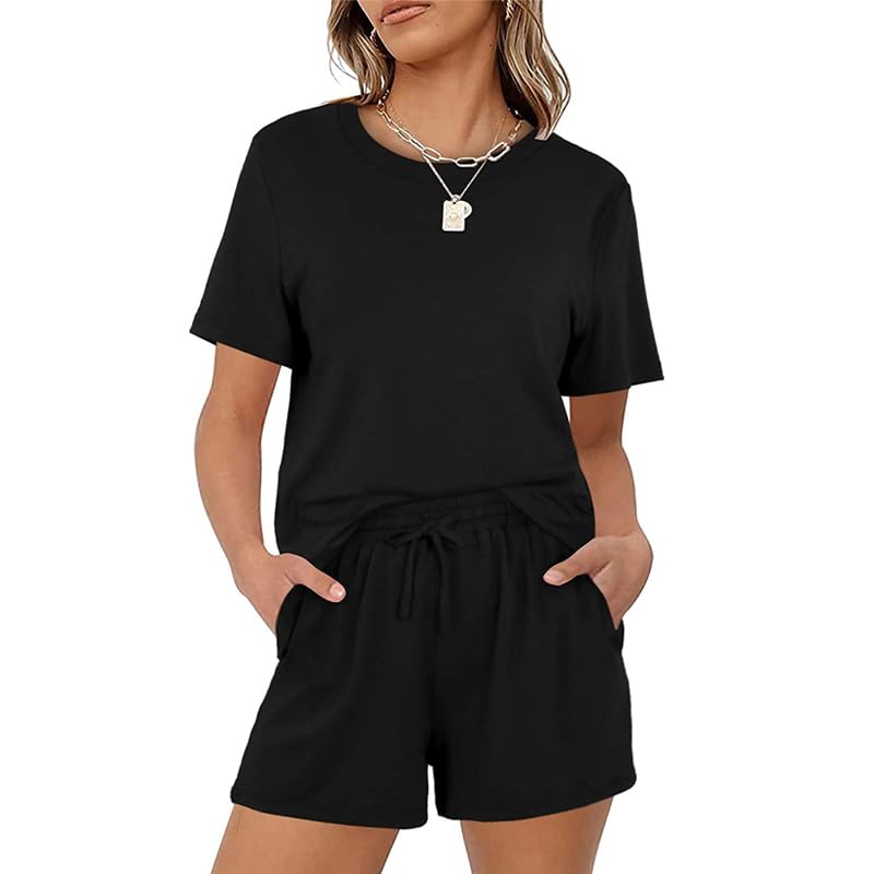 Teemie Pijama para Mujer Corta Ropa Manga Pijamas Conjunto Verano 2 Piezas Casa Corto Pantalones Cuello Redondo Camiseta Dos Casual Suave Top con Bolsillos Cordón Camisón Traje Talla Grande S-XXL
