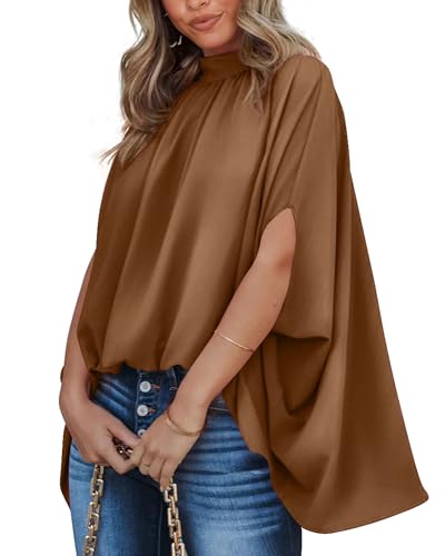 BTFBM Womens Summer Tops 2026 Mock Neck Batwing Sleeve Silk