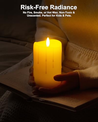 Image of Ivory Flameless Candles with Remote and Timer, Real Wax Made Wax Drip LED Pillar Candles Battery Operated with 3D Flickering Flame Melted Top - 3 inch x 4 inch,5 inch,6 inch - Set of 3