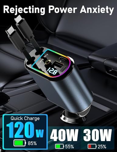 Image of SUPERONE 120W Retractable Car Charger, 4-in-1 Ultra-Fast Car Mobile Charging Station with Built-in Type-C & iOS Compatible Devices, 180 Rotating Adjustable Design with Dual USB Ports & LED Light