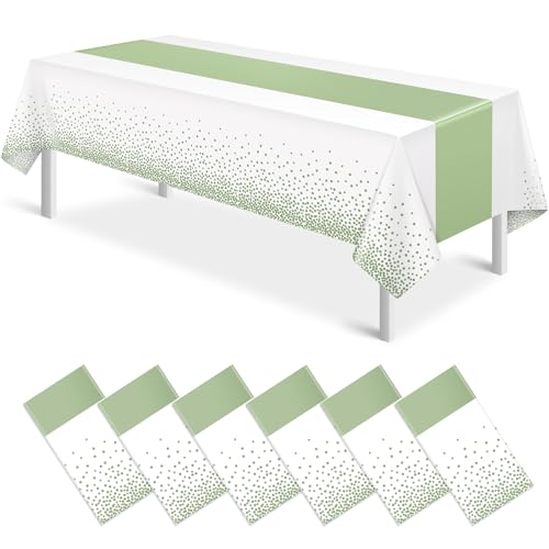 Image of 6Pcs White and Sage Green Tablecloth Decorations,Plastic White Table Cloth Printed Green Table Runner Disposable Rectangle Table Cover for Birthday Wedding Anniversary Graduation Party,54 x108 Inch