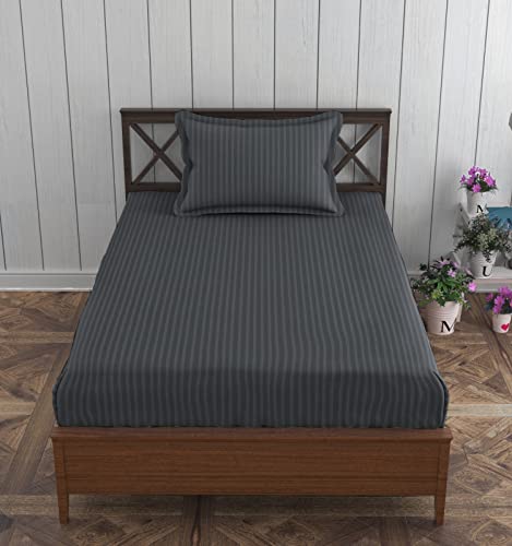 Image of Trance Home Linen 100% Cotton 75x36 inch Single Fitted 200TC Satin Stripe Elastic Fitted Bedsheet | Single Bed Size Daily use Fitted Bedspread with 1 Pillow Covers (75 inchx36 inch | 6.25x3 feet,Dark Grey)