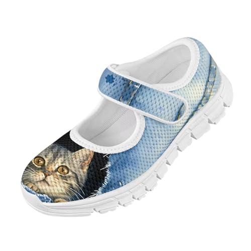 Cat Print Girls Mary Janes Shoes Breathable School Shoes Non Slip School Running Dress Shoes with Magic Sticker Strap3