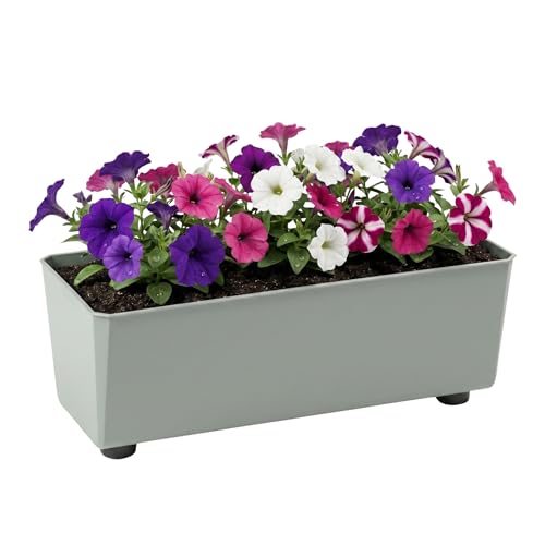 LAMELA Rechteckiger Pflanzkasten mit eleganten Füßen – Grüner Blumenkübel aus robustem Kunststoff 37x17 cm, 6L – Wetterfest & Pflegeleicht - für Innen & Außen, Graugrün