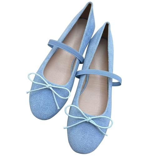 Image of TN TANGNEST Women's Mary Jane Flats Bow Ballet Shoes | Round Toe Flats with Buckle Strap Dressy Comfortable Faux Suede Flats