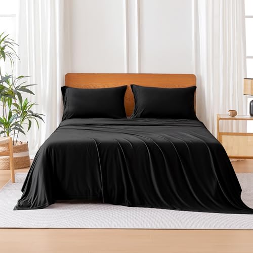 Image of Amazon Basics Jersey Knit 4-Piece Sheet Set, Wrinkle Free and Easy Fit, Includes 16 inch Deep Pocket Fitted Sheet, 1 Flat Sheet and 2 Pillowcases, King, Black