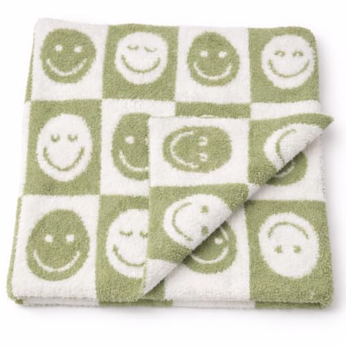 Image of L+L USA Checkered Smiley Face Baby Blanket 28 inchx40 inch - DreamSoft Knit Throw for Crib, Stroller or Car Seat Blanket /Newborn Nursery Gift Essential Toddler, Infant, Kids Boys & Girls (Sage Green /White)
