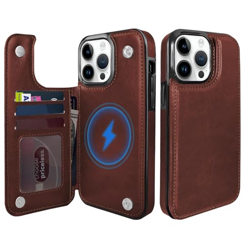 Étui portefeuille iPhone 14 Pro Max marron, la solution anti-choc avec porte-cartes MagSafe